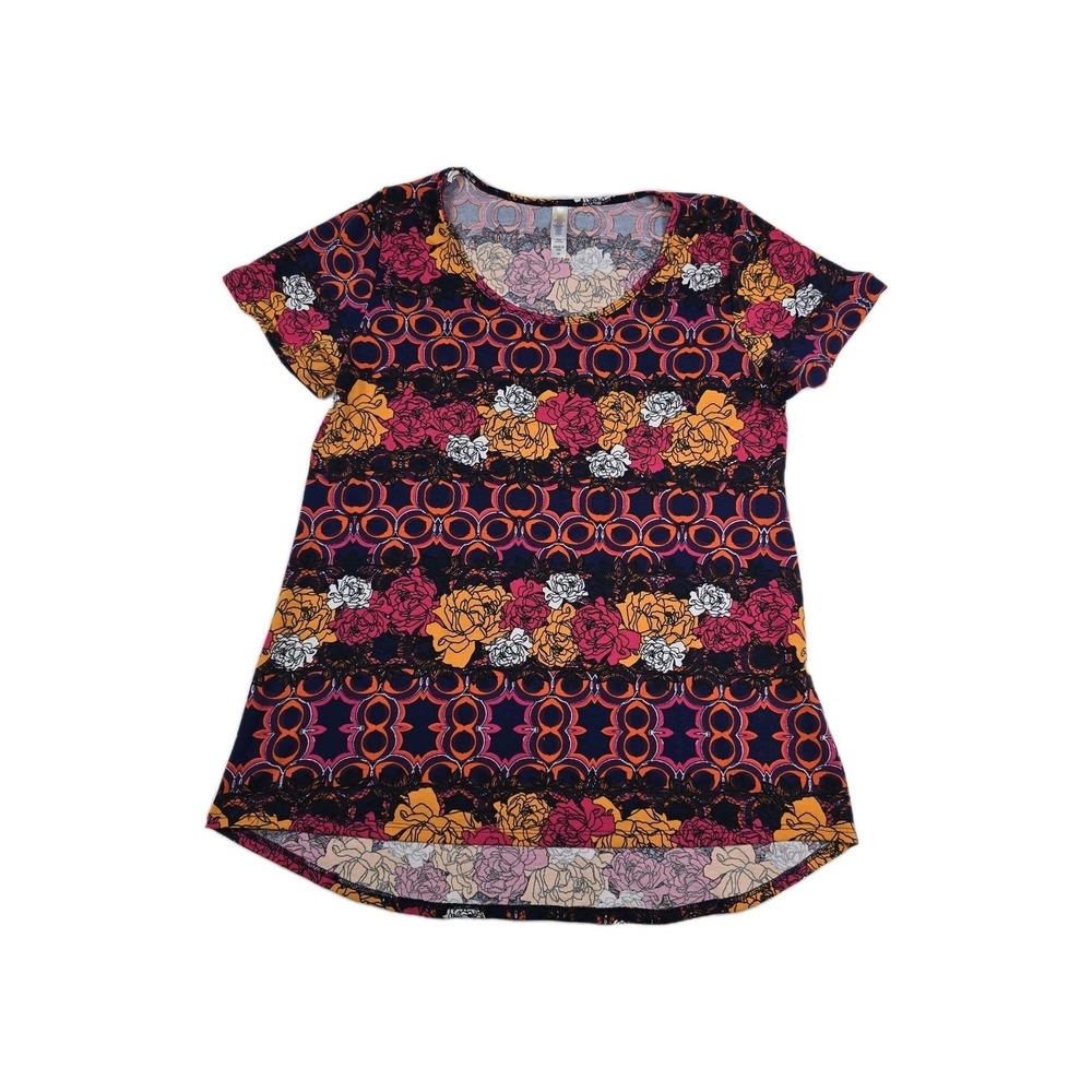 LuLaRoe Irma Tunic Top Womens Medium Floral Geometric Short Sleeve High-Low Hem